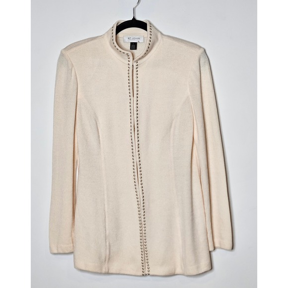 St. John Collection Wool Blend Knit Studded Career Ivory Neutral Cardigan Size 6